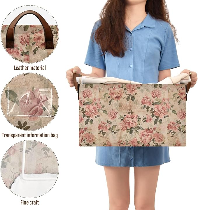 Rustic Vintage Pink Floral Retro Storage Bins for Shelves with Labels&Handles Fabric Organizer Bin Foldable Rectangle Storage Basket Boxes for Closet, Bathroom, Home, Living Room