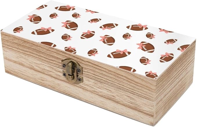 Wooden Storage Box Keepsake Organizer Case with Lid, Pink Bow Football | White Small Memory Boxes, Photo Organizer Jewelry Container Case, 9.2x5.5x3.9 Inch
