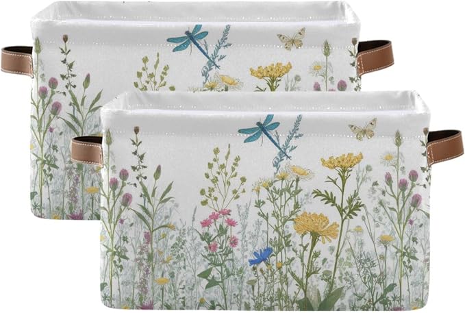 Colorful Herbs And Flowers Storage Baskets,Decorative Collapsible Rectangular Canvas Fabric Storage Bin for Home, 2PACK