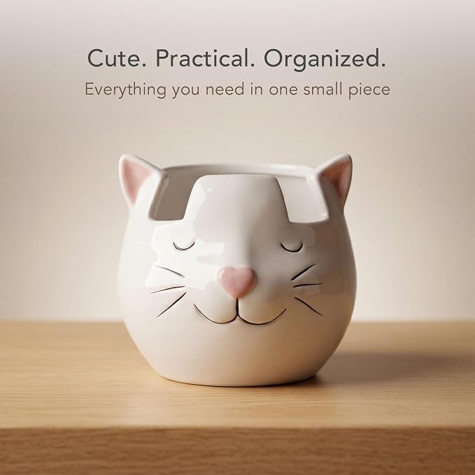 White Cat Eyewear Holder, Multi-Purpose Accessories for Makeup and Stationery, Compact and Cute
