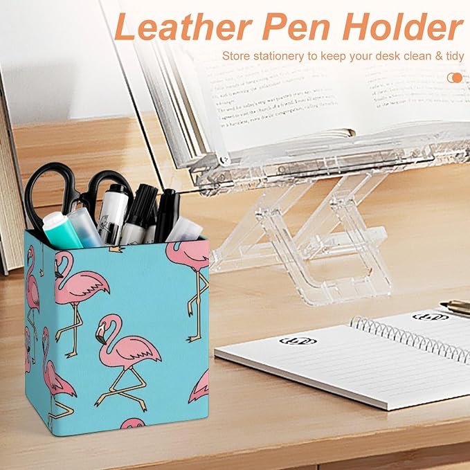 PU Leather Pen Pencil Holder Flamingo Floral Sky Blue Pencil Cup Stationery Container Box Makeup Brush Holder Storage Organizer for Office Supplies