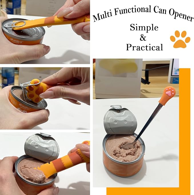 SIANE Cat Food Can Spoons & Can Lids | 4 Pcs | Colorful Multi-Function Opener | Universal Soft Silicone Pet Food Covers | Wet Food Spatula for Kittens and Dogs(Orange)