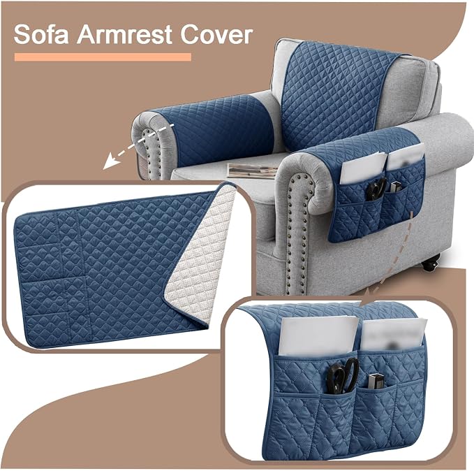 Water-Resistant Sofa Armrest and Headrest Covers with Side Pocket | Keep remotes close quilted polyester helps guard against wear, pet scratches, and kids' messes silicone backing adds grip