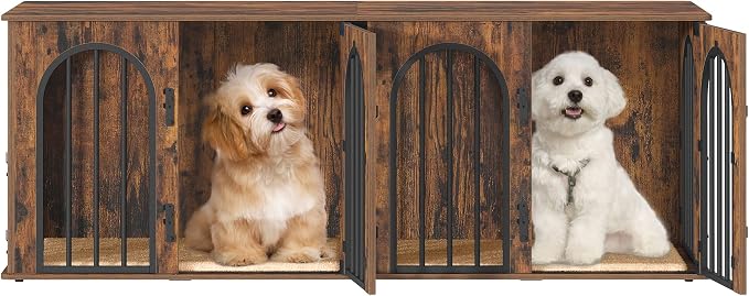 Hzuaneri 63" Double Dog Crate Furniture, Dog Kennel Indoor with Cushion | Heavy Duty Dog Crate Furniture for 2 Dogs,Dog Cage End Table TV Stand with Divider for Med-Large Dogs,Rustic Brown DFC80901B