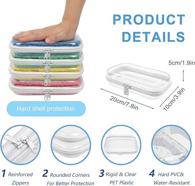 4 Pack Clear Hard Shell Zipper Case, Hard Plastic Zipper Pouches for Travel Toiletries, Makeup, Tech Gadgets & Pencils, Transparent Crush-Resistant Organizer Case (4S)