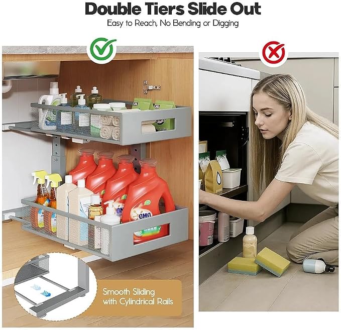 Under Sink Organizer, 2-Tier Dual Pull Out Cabinet Organizer Drawers With Smooth Circular Rail,Large Capacity Metal Mesh Sliding Shelves For Bathroom& Kitchen Storage,Height Adjustable–Gun Gray,1 Pack
