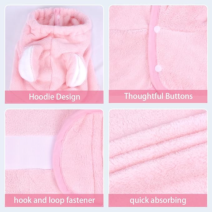 Pet Bathrobe Towel Dog Cat Drying Coat Super Absorbent Cute Dogs Bath Towel Hooded Robe Adjustable Collar & Belly Strap for XSmall to XLarge Pets (Pink, X-Small)