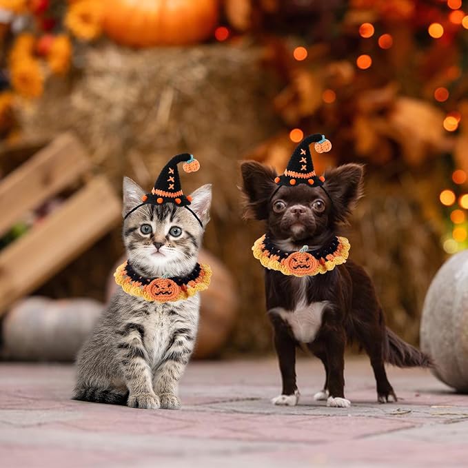 Kunyeah Halloween Pet Costume Set for Cats Small Dog Adjustable Knitted Hat Scarf Pumpkin & Witch Print Puppy Bib Cute Crochet Cat Collar Cap Pet Apparel Outfit (Orange-Pumpkin)