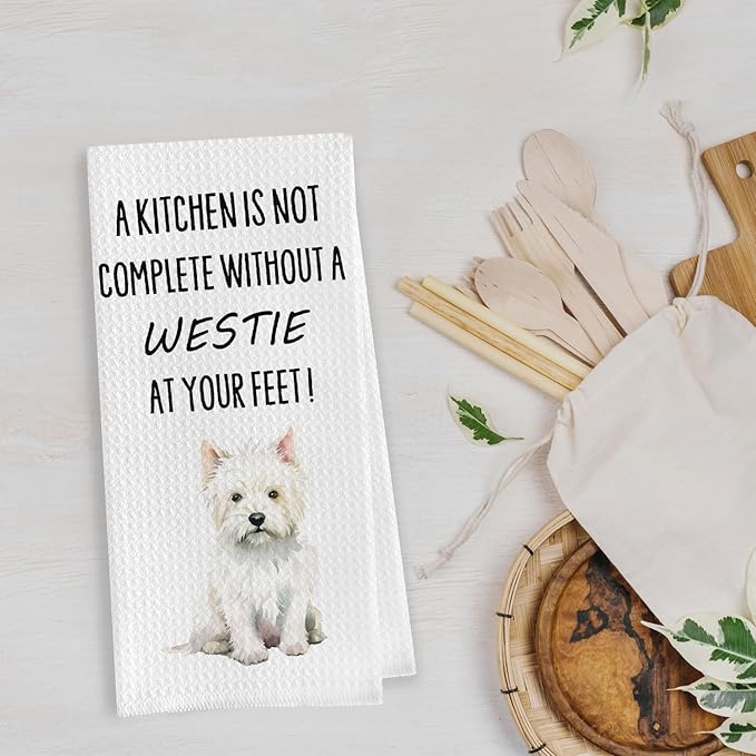 Funny Westie Kitchen Towels - Westie Gifts Waffle Weave Dish Towels, West Highland White Terrier Dog Decorative Hand Tea Towel, 16x24 Inch