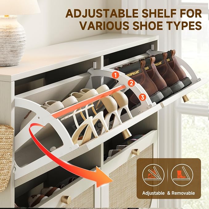 Freestanding Ultra Slim Arched Rattan Accent Shoe Storage Cabinet for Entryway - 4 Flip Drawers & 3-Tier Adjustable Shelves, Farmhouse Modern Rustic Shoe Rack for Hallway Foyer,Cloud White