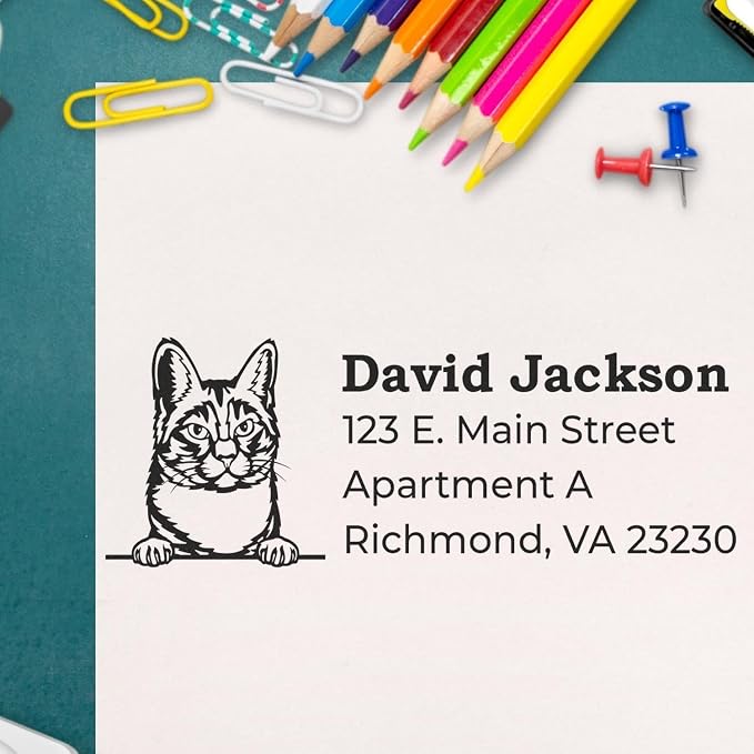 Peeking Manx Cat Address Stamp Self-Inking - Custom Stamp for Mail | Manx Cat Personalized Address Stamp. Custom Address Stamp for Cat Owner Gifts. 4 lines. Choice of 11 ink colors. Rectangular.