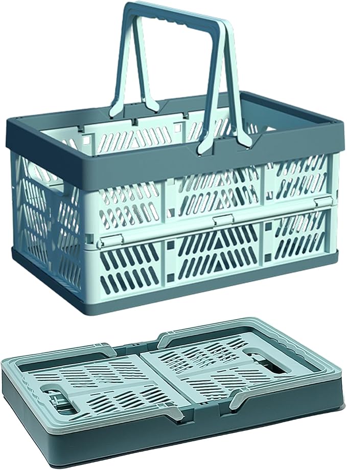 Collapsible Plastic Storage Crate - 20L Folding Organizer Basket Portable Stacking Storage Crate Bin with Handle, for Camping, Picnic, Car Trunk, Home Storage (Blue, M)