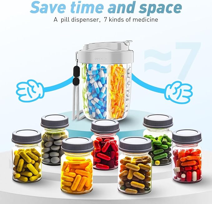 Pill Dispenser with 7 Large Compartments - Portable Pill Organizer for Travel, Anti-Mix Design & Wide Opening Design, Easy Access to Vitamin Dispenser, Includes 20 Blank Stickers(Gray)