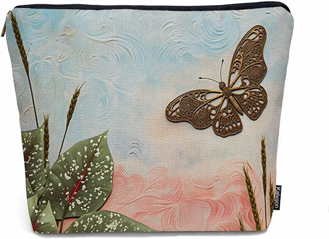 Women Cosmetic Bag Butterfly, Pond Green Leaves Floral Butterflies Cute Makeup Bag For Purse Cosmetic Travel Bag For Toiletries Makeup Storage Bag Flax Skincare Bag Make Up Pouch Bags