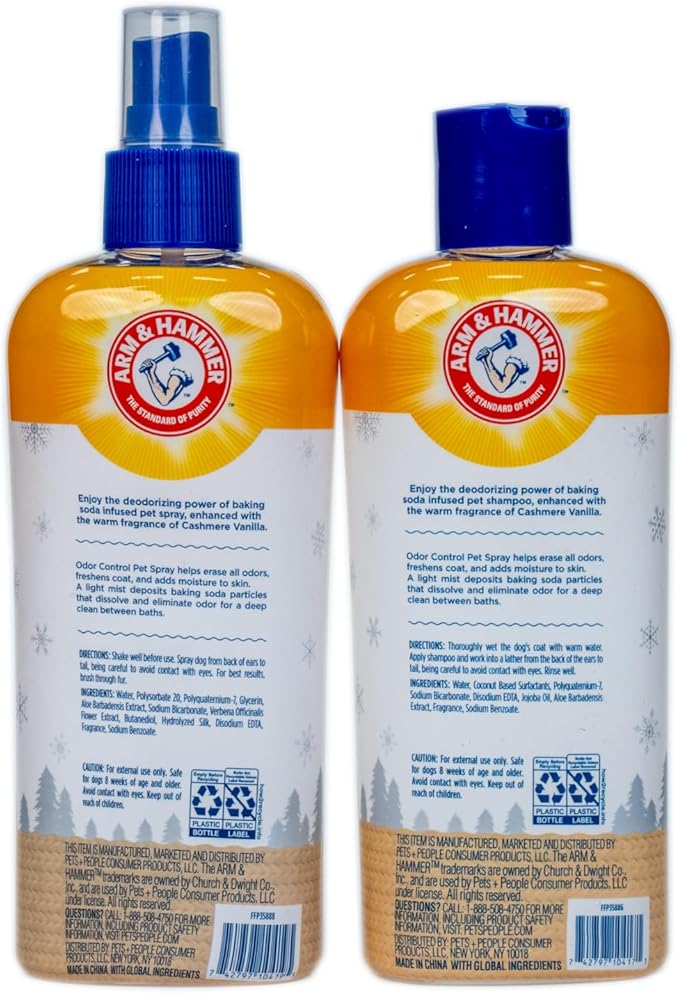 Arm & Hammer Odor Control Pet Grooming Gift Set, Includes Dog Shampoo 8 Fl Oz and Dog Bath Spray 8 Fl Oz, Cashmere Vanilla Scent, pH Balanced, Paraben and Sulfate Free