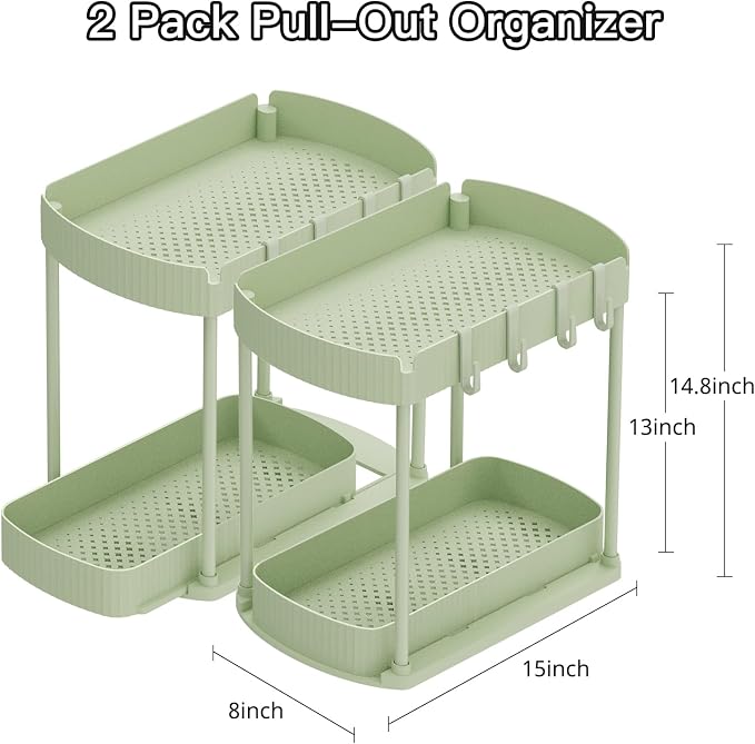 2 Packs Under Sink Pull-Out Storage Organizers, 14.8 Inches, Green | Multi-Purpose Cabinet Organizers and Storage for Bathroom & Kitchen
