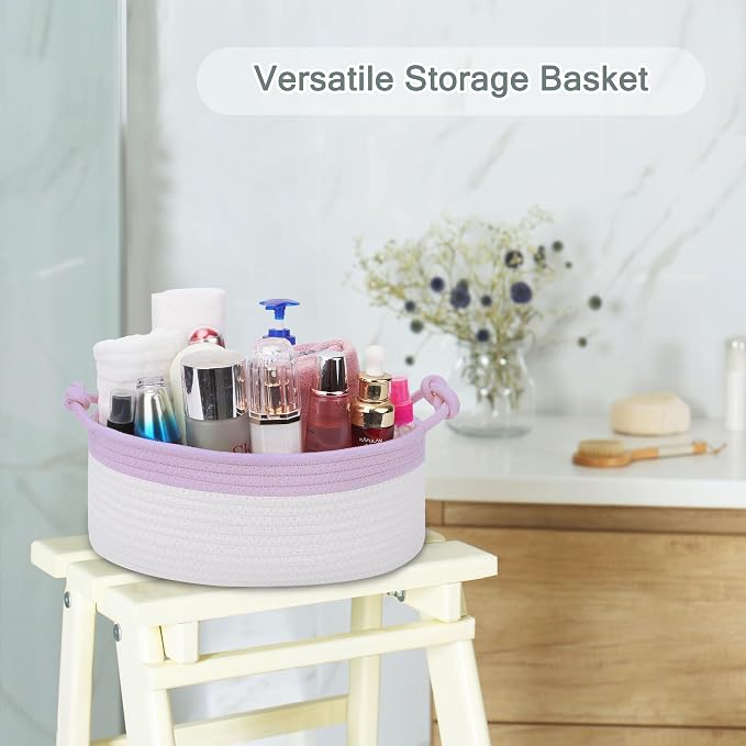 COMSE Small Gift Basket Empty with Bag & Ribbons, Purple & White | Cotton Rope, 12"x 8"x 5", Pet Toy Storage Organizer, Woven Basket for Birthdays, Baby Showers, Mother’s Day, Valentine’s Day