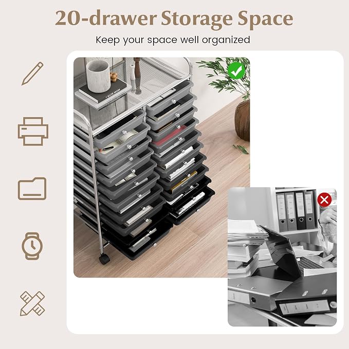 20 Drawer Rolling Storage Cart, Art Cart Organizer with Wheels for Makeup, Tool, Paper, Multipurpose Craft Storage Cart with Drawers for Office, Home, Classroom, School (Gradient Grey)
