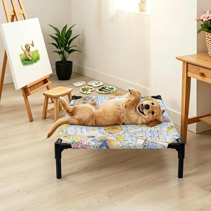 Summer Village Elevated Dog Bed, Coastal Blue Flowers Cart Yellow Lemons Starfish Outdoor Raised Pet Bed for Dogs Cats, Portable Breathable Cooling Waterproof Pet Cot 20x20 Inch