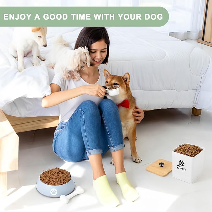 Dog Treat Container Airtight, 5.7" W x 6.7" H Iron Pet Treat Jar with Bamboo Lid, 12 Cup Food Storage Canister for Kitchen Counter, Decorative Pet Cookie Jar for Dog Snacks Kibble,White