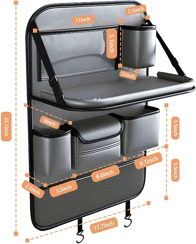 Leather Car Seat Back Organizer with Foldable Tray Table, Backseat Car Organizer with Tablet Pocket, Cup Holders, Tissue Pocket, Mesh Pockets, Kick Mat, Gray, 1 Pack