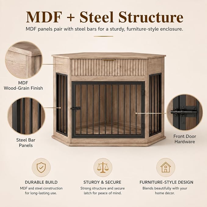 Corner Dog Crate Furniture with Fluted Drawer | MDF & Steel, Medium Dogs 26-40 lbs, Modern decorative pet house
