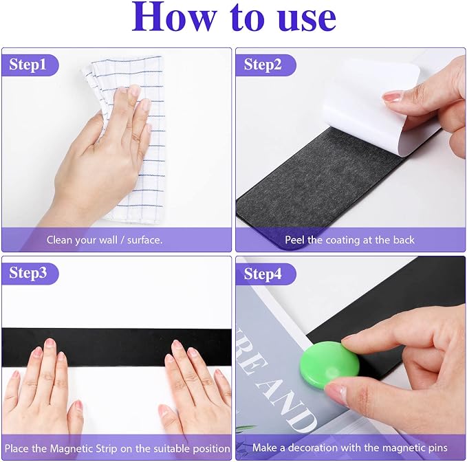 Outus 6 Pcs Magnetic Wall Strips 15" x 2", 48 Magnets, Black | Metal display strips for notes, photos and memos; ideal for office, home, classroom and workspace.