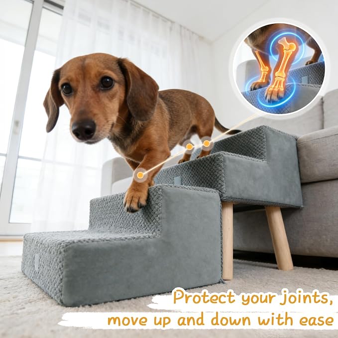 2-in-1 Dog Stairs & Ottoman, 4-Step Dog Ramp for Couch & Sofa | Dog Ramp for Bed, High-Density Foam & Wood Board Support, Side Storage Pocket, Foldable, 170 lbs, Machine Washable, Grey