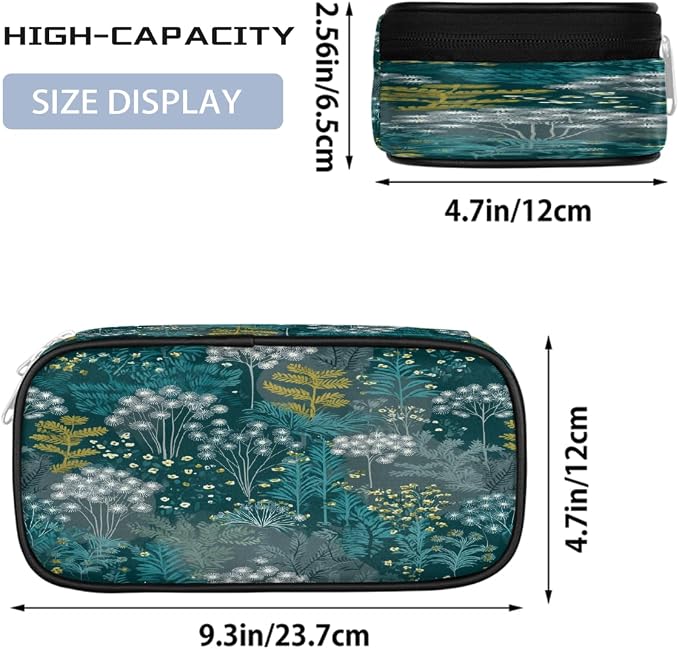 Pencil Case Pouch, Teal Green Plant Pattern Large Pen Bag with Zipper, Portable Zipper Pencil Pouch Organizer for Student Teen Girls Boys