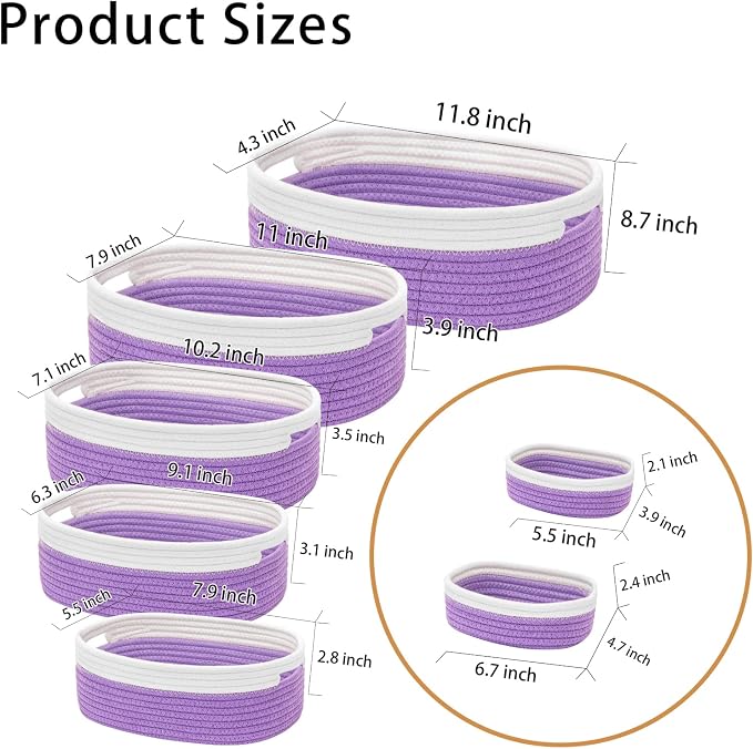 7 Piece Cotton Rope Woven Basket Set - Small Basket for Baby Nursery, Pets, Montessori, Dog & Cat Toy Boxes, Bathroom Organization Bins (White/Purple)