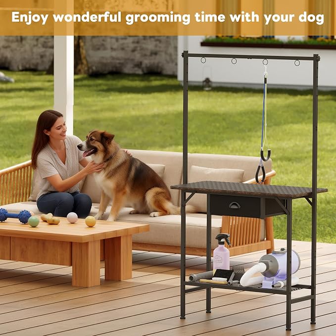Dog Grooming Table with Drawers and Mesh Tray,32 Inch Adjustable Pet Grooming Table with Non-slip Removable Washable Mat and EVA Protective Lanyard ,Professional Grooming Table for small Dogs at Home