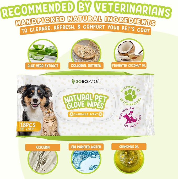 GoEcoVita Pet Deodorizing Glove Wipes for Dogs & Cats | Nourish & Clean Fur & Skin | Coconut Oil & Chamomile Rinse-Free Wipes | Bathing Glove Wipes for Daily Care | Natural, Hypoallergenic (18 Pack)