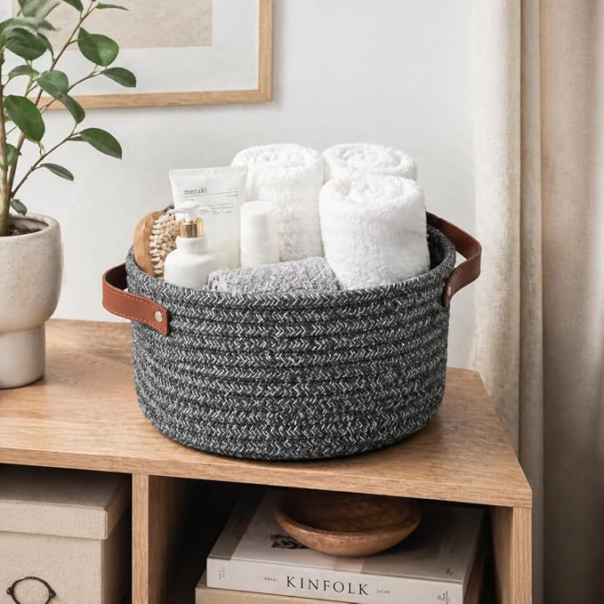 Small Woven Cotton Rope Basket with Leather Handle, Grey | Mini Round Storage Basket, Empty Gift Basket, Nursery Toy Organizer, Decorative Shelf Bin, Boho Room Decor