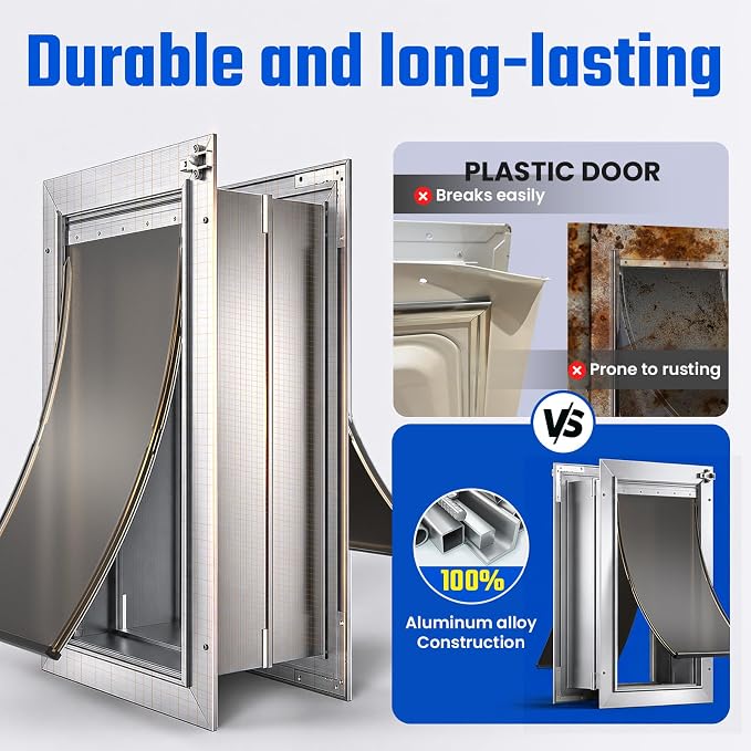 Dog Door for Wall, Large Doggie Door, Heavy Duty Aluminum Pet Door | 2 Magnetic Flaps, Energy Efficient, Wide Telescoping Tunnel, Closing Panel & 2 Aluminum Locks, Pets Up to 110 LB
