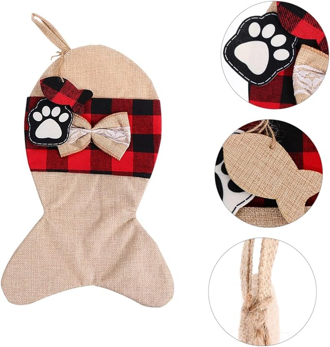 SEWOART Christmas Burlap Pet Stockings Pouch, Fish Shape Candy Bag, Holiday Present Bag for Pets, Rustic Christmas Storage Sack, Festive Tree Hanging Decoration