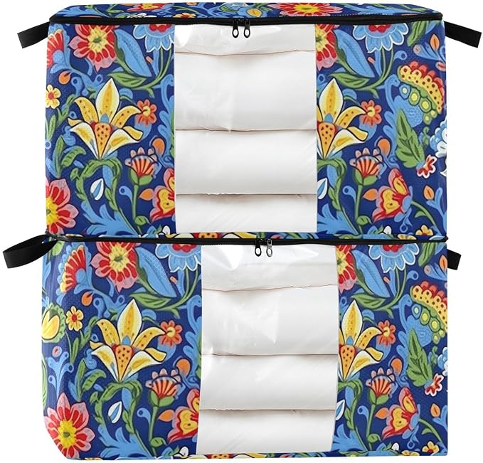 Generic Blue Boho Florals Clothes Storage Bag Bins 2 Pack Foldable Storage Containers Large Closet Organizer with Zipper Storage Cubes for Pillows Comforters Clothing 60L, g355896807p976c1037s2357