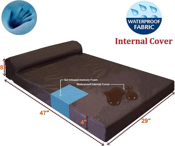 Dogbed4less Premium HeadRest Pillow Orthopedic Cool Memory Foam Dog Bed for Large Dogs, Waterproof Lining with Washable Suede Grey Cover, Extra Large 47X29 Inches