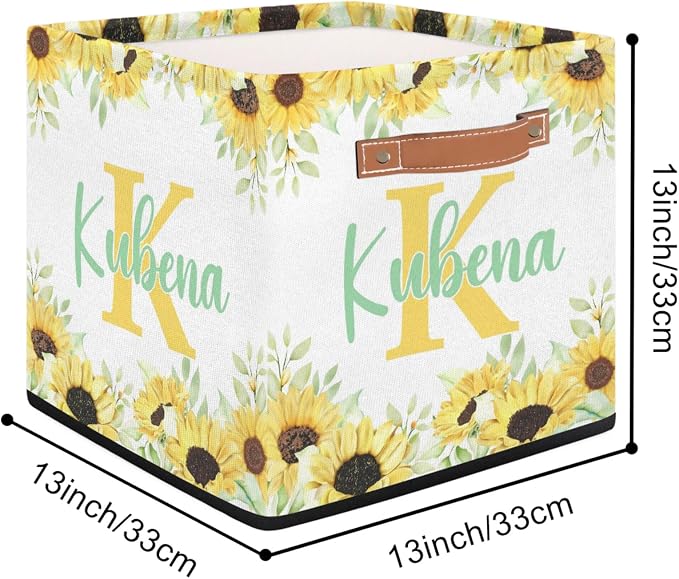 Personalized Initial-Name Sunflower Storage Baskets for Girls Women, Custom Portable Square Storage Bins with Handles Foldable Organizer for Clothes, Toys, Blanket, Towel,Pet 13”
