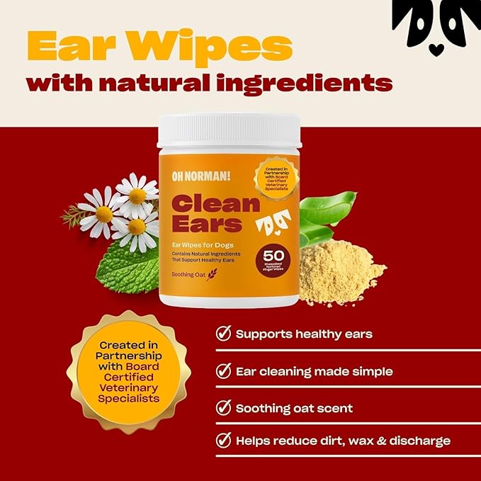 OH Norman! Ear Cleaner Finger Wipes for Dogs - Removes Wax, Dirt & Cleans Ears - Cleaning Wipes with Aloe Vera & Chamomile (Pack of 50)