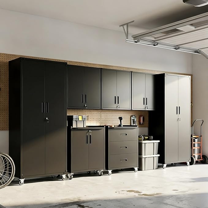 Garage Cabinet System | Heavy Duty Steel All-in-One Modular Garage Cabinet Set for Ultimate Workshop Organization | Easy Assembly Garage Storage Cabinets & Tool Bench