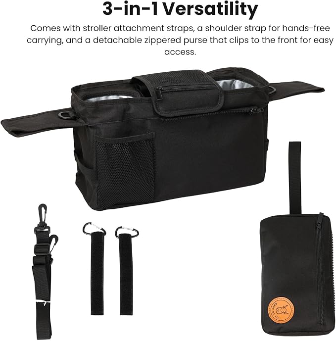 Universal Stroller Organizer with Insulated Cup Holders | Detachable Phone/Wipe Pouch & Shoulder Strap Stroller Caddy | Spacious, Fits Jogger, Umbrella, Travel & Pet Strollers