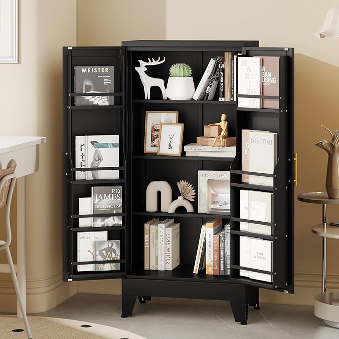 Black Kitchen Pantry Storage Cabinet, 48" Metal Storage Cabinet | Steel Storage with Doors and 3 Adjustable Shelves, Metal Freestanding Buffet Cupboards Sideboard, for Office, Home, School