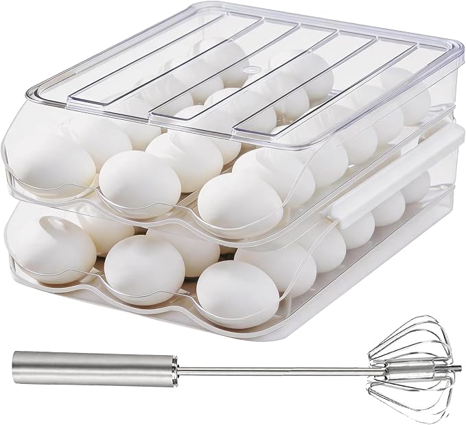 Egg Holder for Fridge, Automatic Rolling Egg Dispenser for Refrigerator with Lid, Stackable 2-Tier Egg Storage Container, Clear Food-Grade Egg Organizer for Fridge Kitchen