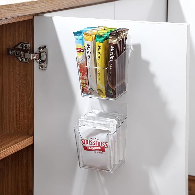 2-Pack Kitchen Cabinet Door Organizer Adhesive, Hanging Storage Bins, Stick on Wall Storage Container, Bathroom Floating Bins Wall Mounted Organizer Under Sink Caddy for Pantry Storage, Office, Dorm