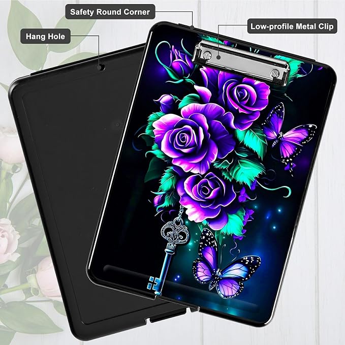 Purple Roses 02 A4 Clipboard with Storage Pen Holder, Clipboards Organizer Nursing Clipboard Foldable File Folder Plastic Clipboard Folio Clip Board for Office Students Classroom Doctor