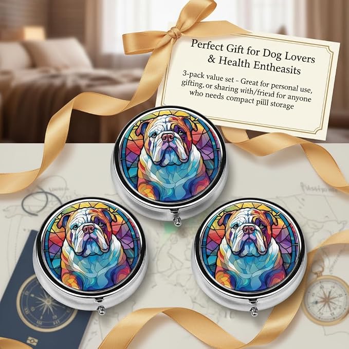 English Bulldog Dog Small Box for Pill,3 Compartment Pill Case Travel Medicine,Portable Pocket or Purse Pill Organizer Container Holder Hold Vitamins, Medication, Fish Oil Supplements