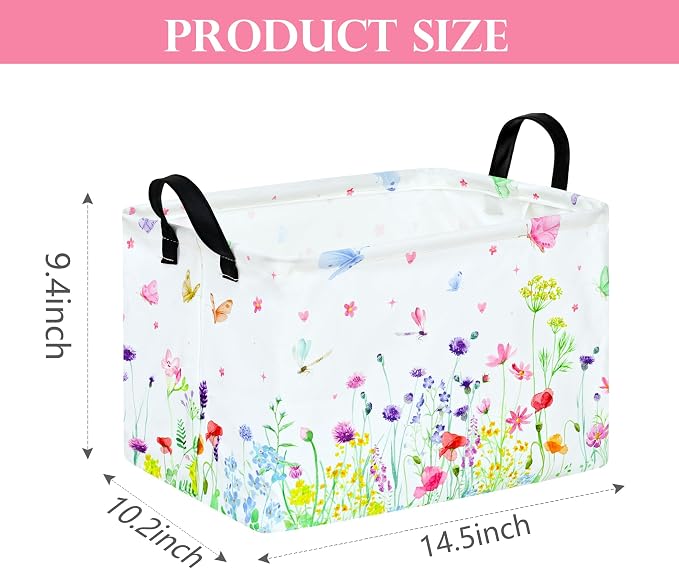 Baby Storage Basket Nursery Box Laundry Hamper Organization Bins for Toys and Clothes with Handles (Blue Flower)