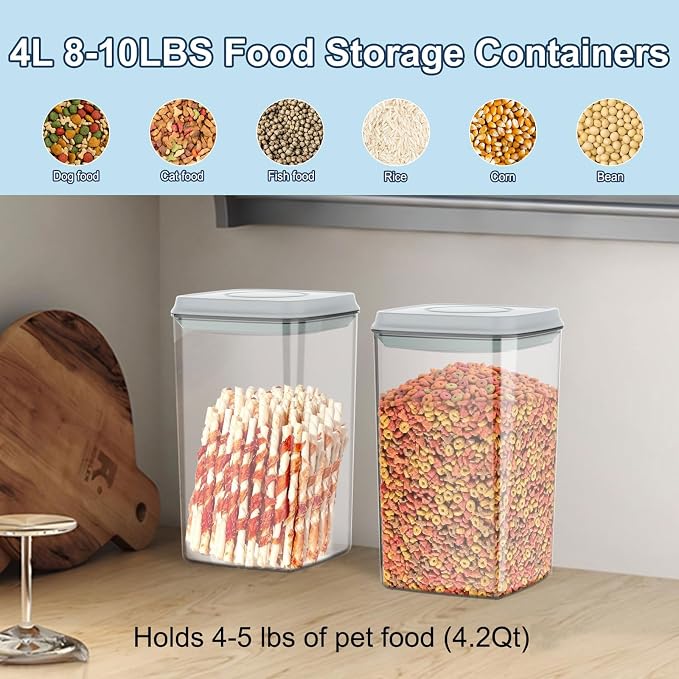 LEAWALK 4.2Qt Airtight Dog Cat Food Storage Container and Dog Treat Containers BPA-Free, PET Clear Stackable Pet Storage Bin, 1 Cup Scoop, 1 Sponge cleaning brush, Pop Top, With handle -1Pack