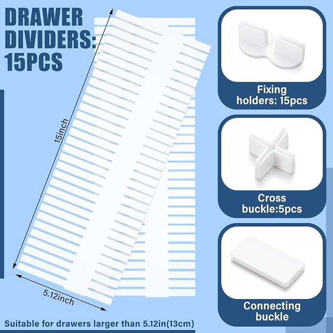 15 Pcs 5.12 Tall Drawer Divider Adjustable Drawer Organizer,White | DIY Deep Storage Organizer Separator with Fixed Buckle for Underwear Socks Dormitory Office Kitchen Bedroom