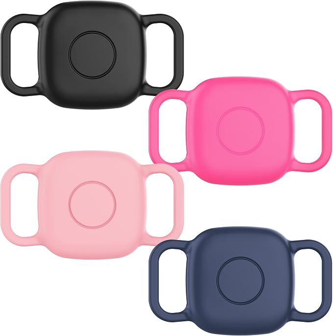 DDJ Waterproof Dog Collar Holder for Life360 Tile Mate Tracker, 4-Pack Durable Silicone Cover, Anti Lost for Tile Tracker Case for Cat & pet Collars, Easy Installation, Black, Pink Punch, Blue, Pink